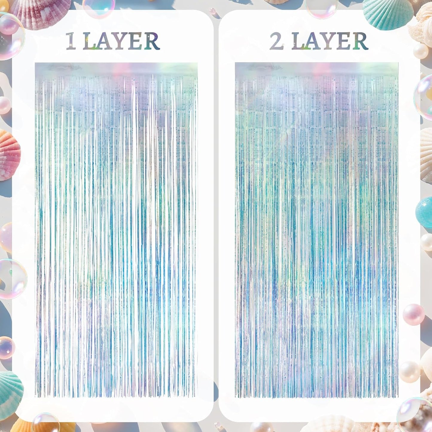 2 Pack Iridescence Party Streamers Backdrop Curtains, 3.3x8.2ft Holographic Tinsel Foil Curtain Photo Booth Props for Birthday, Wedding, Holiday Celebration, Bachelorette, Theme Decorations