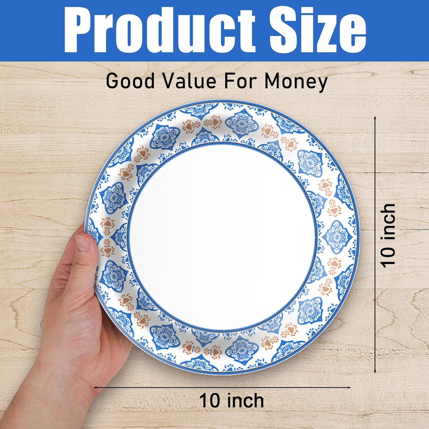 10 Inch Blue Floral Paper Plates, 200pcs Large Disposable Plates, Heavy Duty Flower Plate Tableware for Party, Daily Use, Soak Food,Cut Food, Family Gathering, Dinner Time Birthday Wedding