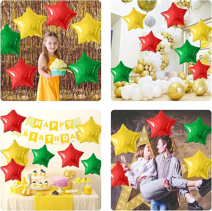Red Green Gold Star Foil Balloons, 10PCS Xmas Foil Stars Shape Balloon, 18 Inch Large Metallic Stars Balloons Helium Pentagram Balloon for Birthday, Christmas, New Year, Baby Shower Party Decoration