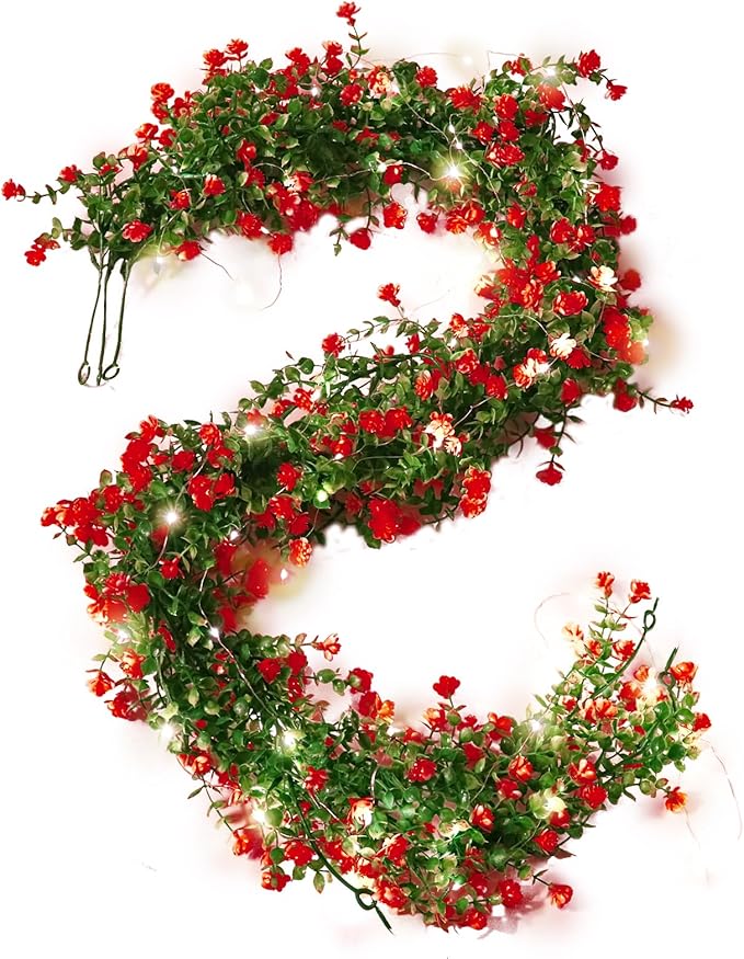 RECUTMS Artificial Leaves Garland with Flowers Fake Vines with Lights Spring Mantel Garland Fake Greenery Vines 5.8 Ft Lit Vine for Mantle for Wall Wedding Party Table Home Bedroom Decor(Red)