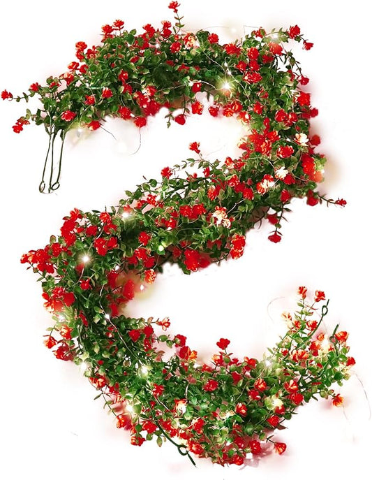 RECUTMS Artificial Leaves Garland with Flowers Fake Vines with Lights Spring Mantel Garland Fake Greenery Vines 5.8 Ft Lit Vine for Mantle for Wall Wedding Party Table Home Bedroom Decor(Red)