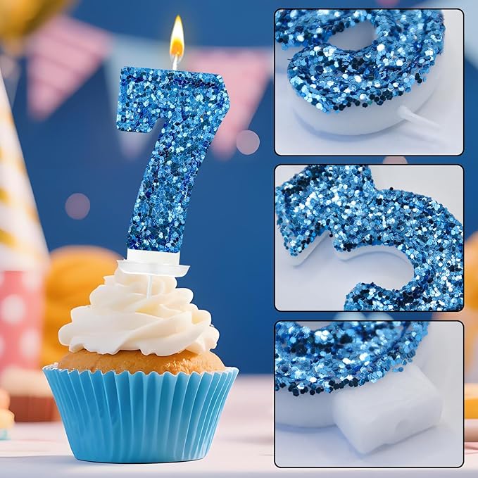 Zailo Birthday Number Candles, Glitter Number Candle Cake Decorations with Sequins, Cupcake Decorations for Girls, Women, Party Anniversary Celebrations (Number 7, Blue)