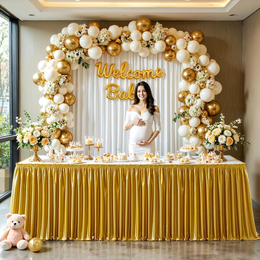 Wish Care 9ft Gold Satin Table Skirt for Rectangle Tables Wrinkle Free Glitter Desk Skirts Pleated Ruffle Table Cloth for Wedding Birthday Graduation Cocktail Party Buffet Display Table Decorations