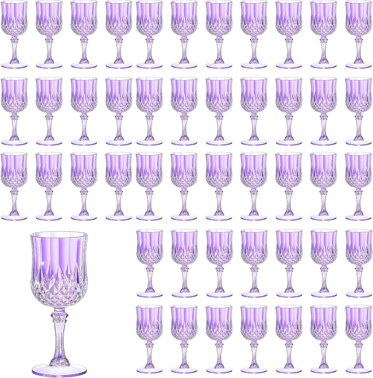 48PCS 7OZ Purple Wine Plastic Glasses, Drinking Champagne Glasses Flutes Crystal Vintage Water Unbreakable Goblets for Wedding, Parties