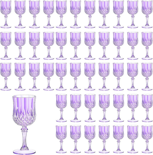 48PCS 7OZ Purple Wine Plastic Glasses, Drinking Champagne Glasses Flutes Crystal Vintage Water Unbreakable Goblets for Wedding, Parties