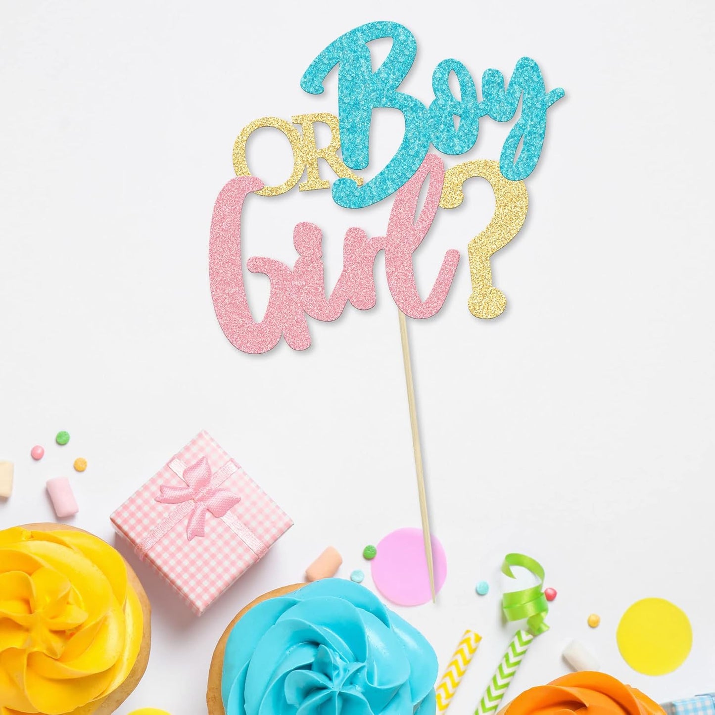 1Pc Boy or Girl Cake Topper Glitter Pink or Blue Cake Pick Gender Reveal Cake Decorations for Baby Shower Gender Reveal Theme Kids Boys Girls Birthday Party Decoration Supplies
