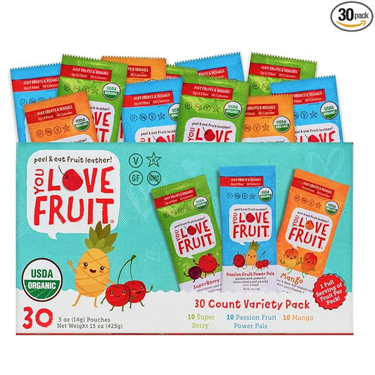 YOU LOVE FRUIT - Fruit Snacks Variety Pack 30 count, 100% Natural Gluten-Free, Vegan, Low Carb, Low Fat Fruit Kosher Snacks for Kids, College Students, Teachers and Offices, Healthy Fruit Snacks (passion fruit, super berry, mango)