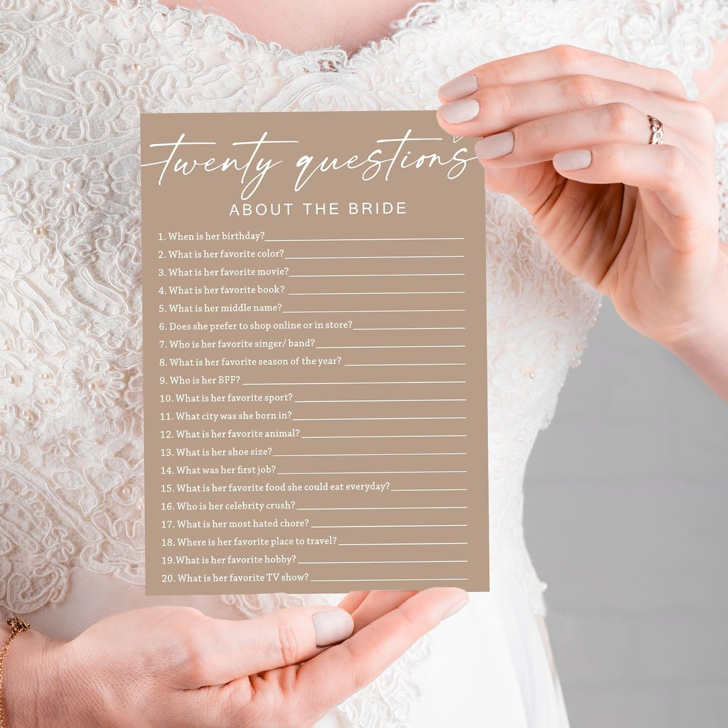 Bridal Shower Games Cards, Twenty Questions about The Bride, Engagement Party Wedding Games for 25 Guests, Minimalist Brown Wedding Party Supplies