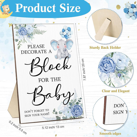 Tatuo 75 Pcs Baby Shower Games Sign Kit Including Decorate a Block Game Sign 50 DIY Wooden Block 24 Acrylic Paint Marker Baby Shower Prize for Gender Reveal Party(Cute Elephant)