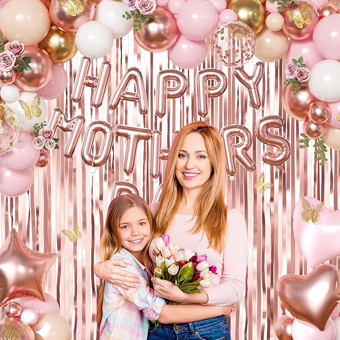 Happy Mother's Day Decorations, Rose Gold Pink Peach White Gold Foil Confetti Balloons Gold Butterfly Fringe Curtains for Mother's Day Party Decorations