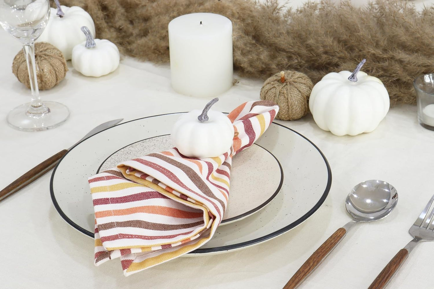 PurpleEssences Plain Striped Cloth Napkins - Set of 12-100% Cotton - 18 x 18 Inch - Fall Thanksgiving - Perfect Everyday Use Dinner Napkin - Fall