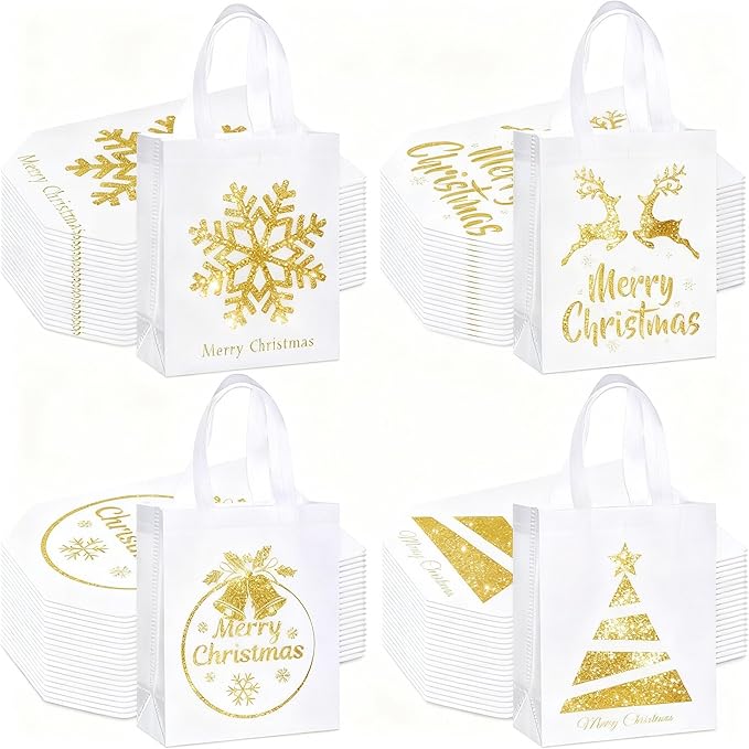 Wesnoy 48 Pcs Christmas Gift Bags Bulk 10 x 8 x 4 Inch White Gold Metallic Goodies Bags Reusable Non Woven Christmas Party Favors Candy Treat Totes with Handle for Holiday Gift Birthday Party Supplies
