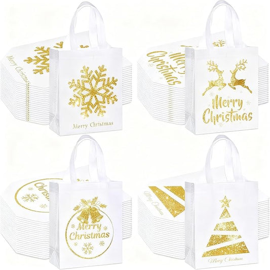Wesnoy 48 Pcs Christmas Gift Bags Bulk 10 x 8 x 4 Inch White Gold Metallic Goodies Bags Reusable Non Woven Christmas Party Favors Candy Treat Totes with Handle for Holiday Gift Birthday Party Supplies