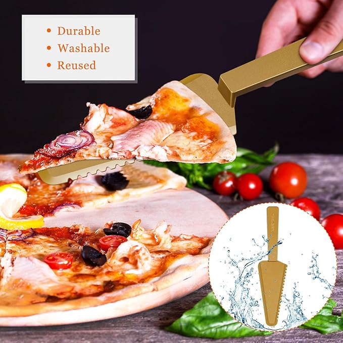 Suclain Disposable Cake Cutter 9.1 Inch Plastic Cake Server Cutting Plastic Spatula Knives Pie Pizza Pastry Slicer Serving Utensils for Kitchen Wedding (Gold,50 Pieces)