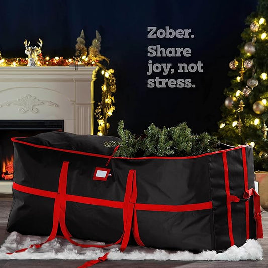 ZOBER Wide Christmas Tree Storage Bag - Maximum Accessibility - Fits 7.5 Ft Trees - 600D Oxford Fabric Christmas Tree Bag For Storage Box For Xmas - Strong Durable Straps & Handles - Card Slot - Black