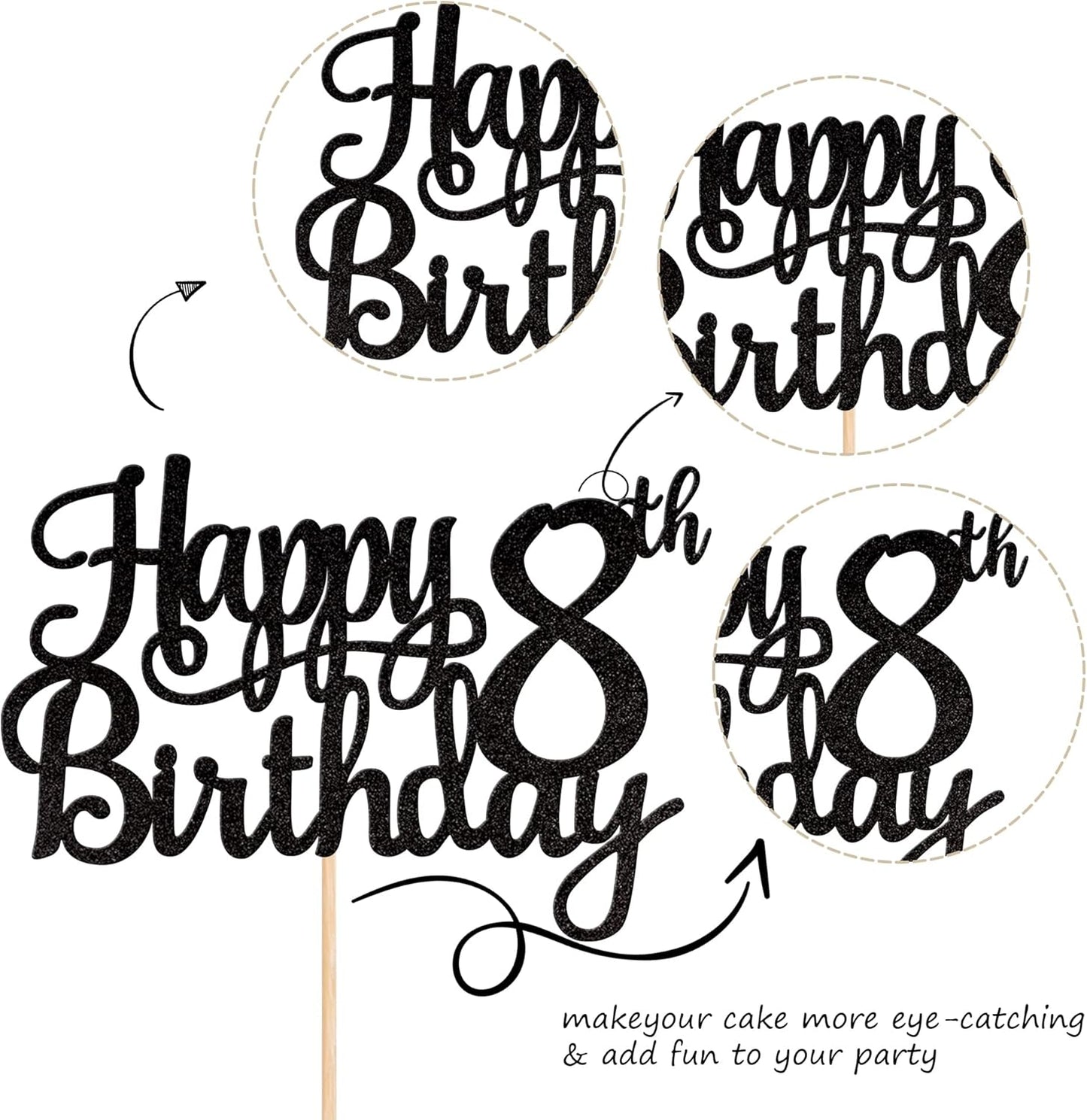 1 PCS Happy 8th Birthday Cake Topper Glitter Cheers to 8 Years Cake Pick Number 8 Fabulous Cake Decoration for 8th Birthday Theme Party Decorations Supplies Black