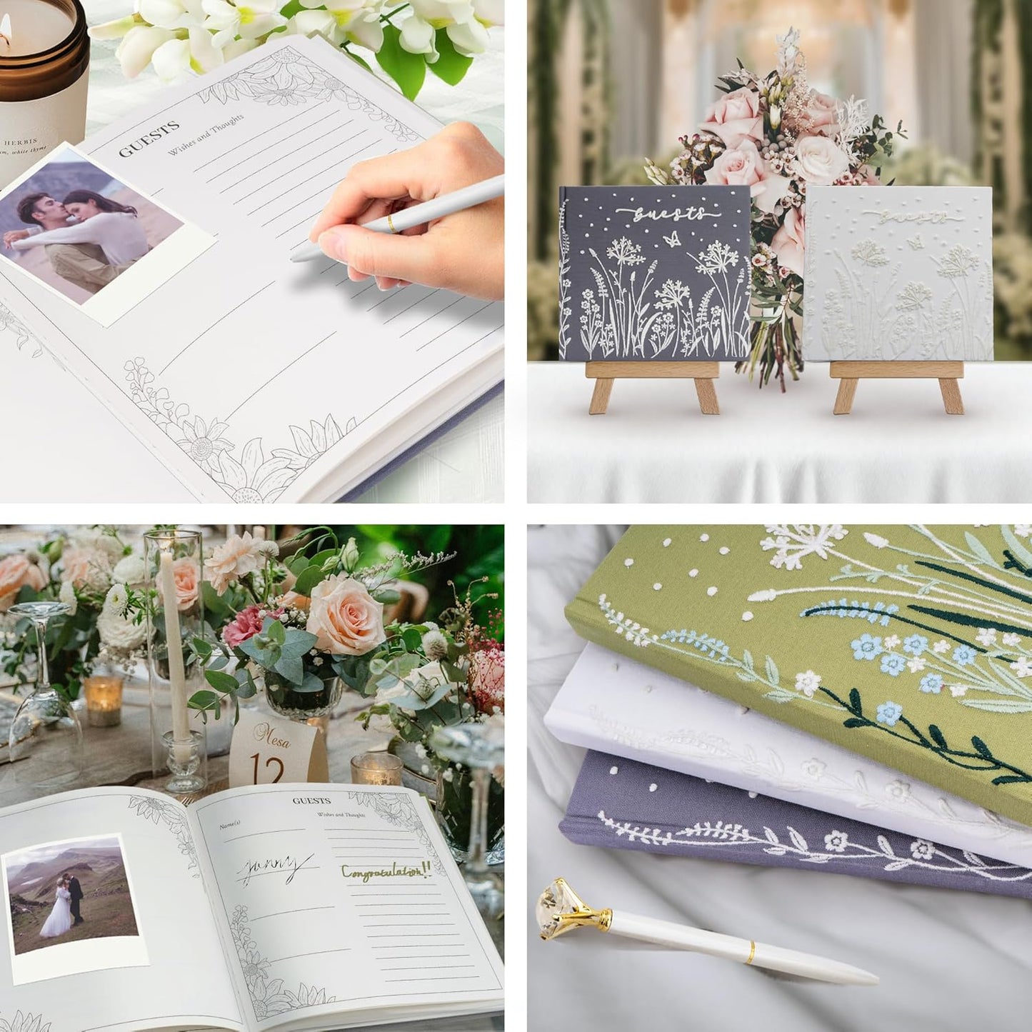 Embroidered Wedding Guest Book—The Perfect Polaroid Guest Book for Wedding Receptions, Birthdays, Baby Showers, and Special Events with 3 DIY pens+1 Diamond Pen(Gray)