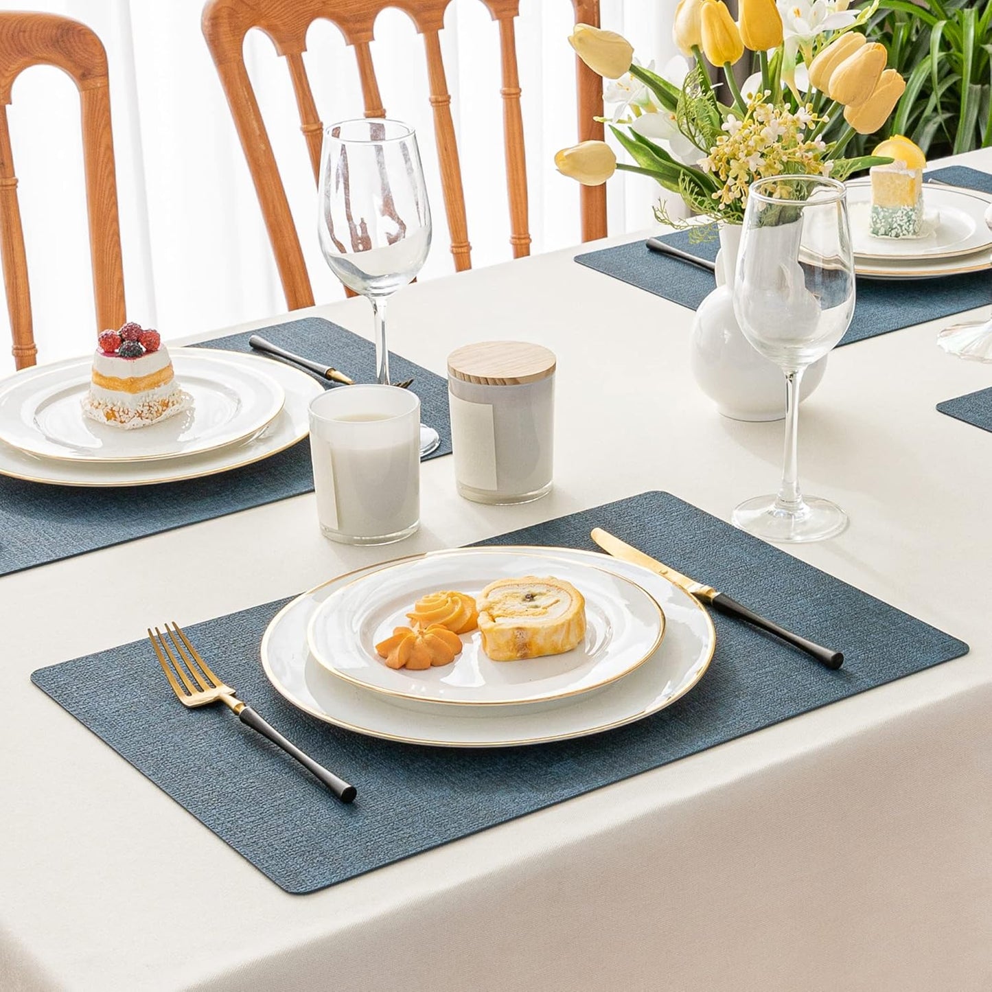 Romanstile Vinyl Placemats Set of 8-12 X 18 Inch - Heat Resistant Place Mats 100% Waterproof Oilproof Wipeable Reversible Faux Leather Table Mats for Kitchen/Dining/Party/Outdoor, Navy Blue