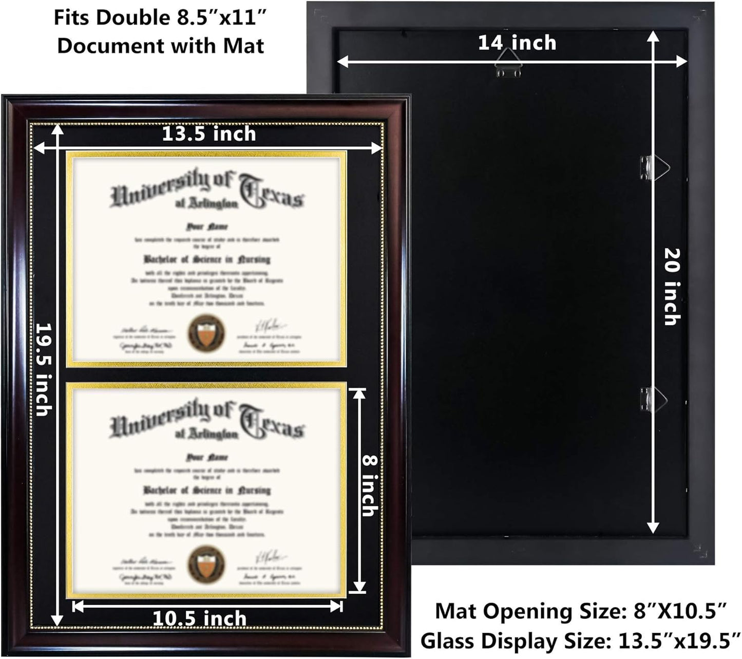 GraduationMall 14x20 Double Diploma Frame, Display 8.5x11 Certificate with Black over Gold Mat,UV Protection Acrylic,Mahogany with Gold Beads
