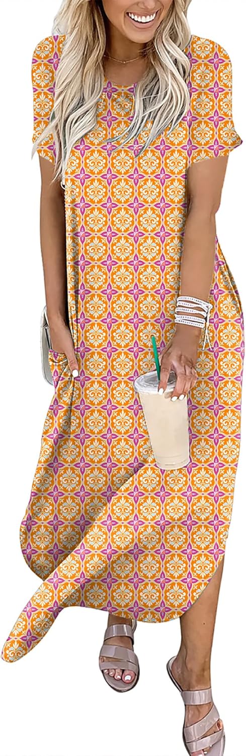 ANRABESS Womens Summer Maxi Dress Short Sleeve Casual Loose Long T Shirt Dresses Split Vacation Beach Sundress Travel Outfits