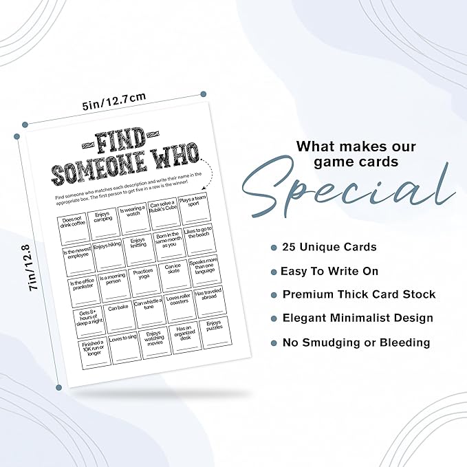 Sahjzk Office Bingo Cards, 25 Unique Randomized 5x7 Sheets, Get to Know You Bingo Game for Adults, Ice Breaker Office Party Games, Team Building Games for Work, High Replay Value - A05