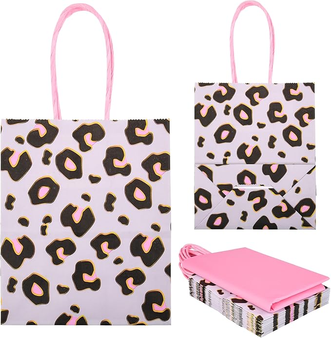 DjinnGlory 24 Pack Mini Small Gray Leopard Cheetah Print Party Favor Bags with Handles and Pink Tissue Paper for Party Favors Goodies, Small Business Gifts, Merchandises, 6.5x5.5x3 Inch