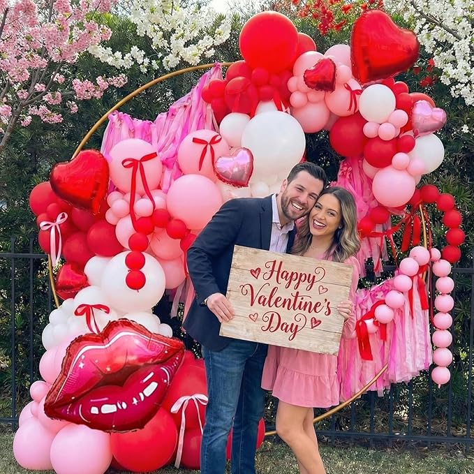 Galentine's Day Decoration Valentine's Day Balloon Arch Kit - 153Pcs White Pink Red Heart Balloons & Red Lip Foil Balloon Garland with Red Ribbon for Mother's Day, Wedding, Birthday Party Decorations