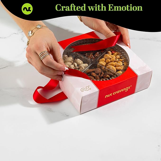 NUT CRAVINGS - Halloween Treats For Adults Mixed Nuts Gift Basket in Red Gold Box (4 Assortments) Holiday Xmas Christmas Food Arrangement, Healthy Snack Care Package, Food Assortments