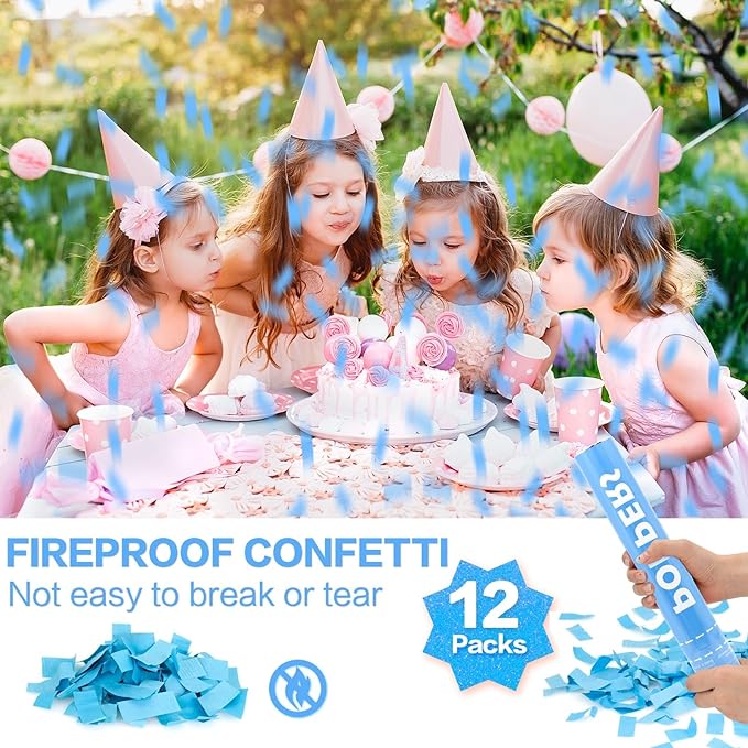 Confetti Cannon 12Pack Blue Party Popper Shooters 12 Inch Confftti Poppers for Wedding Birthday Graduation Christmas New Year Eve Party Supply Launches 20-25ft