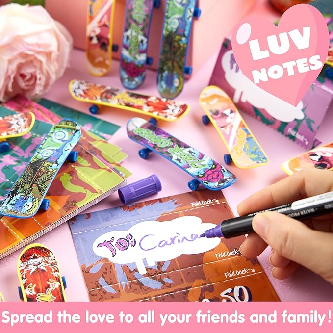 JOYIN 28 Pcs Valentines Day Finger Skateboards with Cards for Kids, Valentine Party Favor, Greeting Cards, Classroom Exchange Prizes, Holiday Reward Gifts, Finger Skateboard Toys
