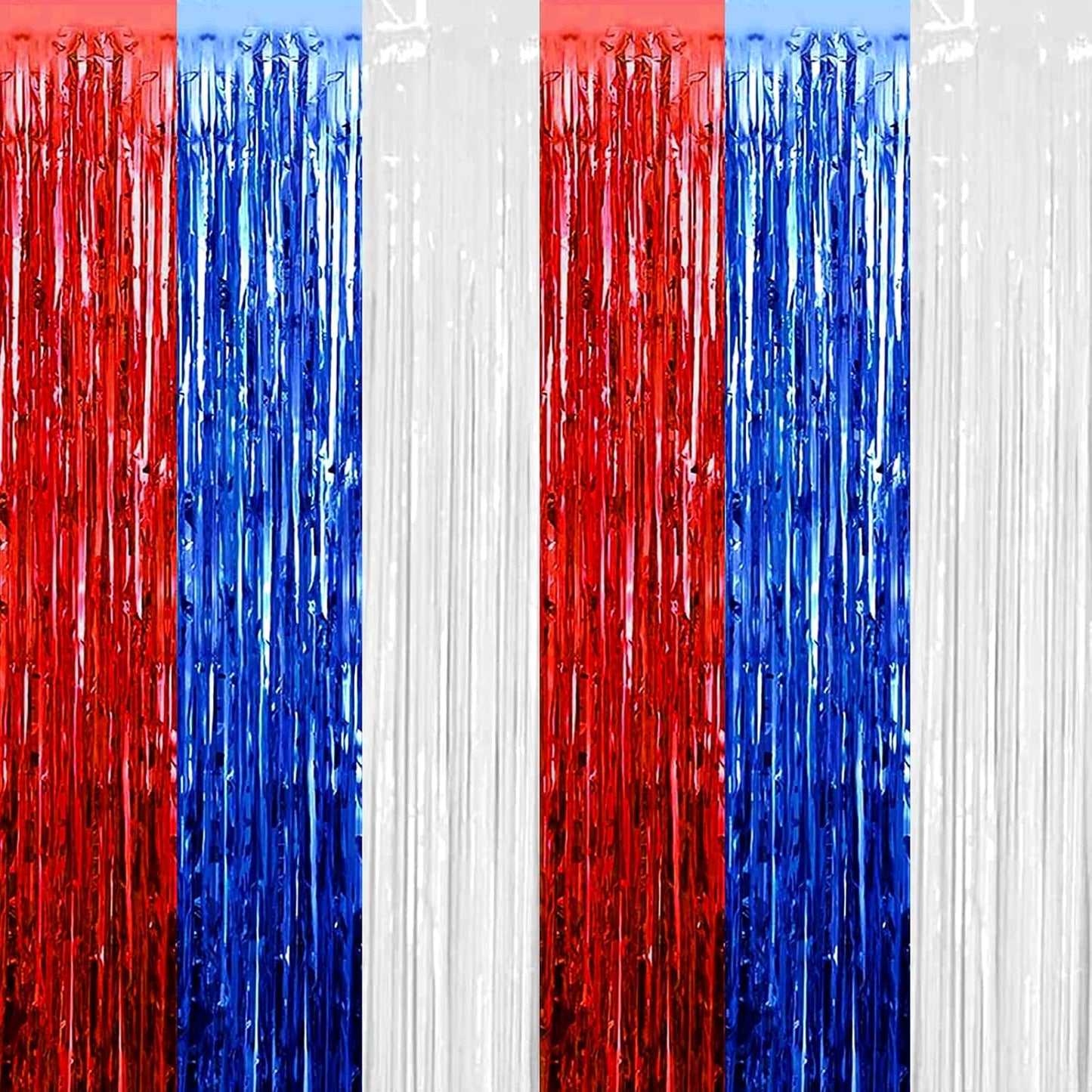 4 Pack Red Blue White Foil Fringe Curtain Backdrop, 3.28Ft x 6.56Ft Metallic Tinsel Foil Fringe Streamers Curtains for Photo Booth, Wedding, Mardi Gras, Birthday, Independence Day Party Decoration