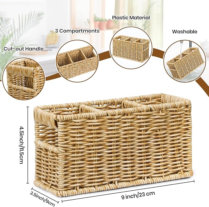 Wicker Utensil Holder, Woven Rattan Silverware Caddy for Party, Countertop Cutlery Storage Box, Knife Fork Spoon Holder, Cabinet Tabletop Silverware Organizer (M, Beige)