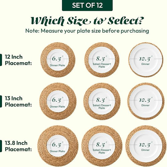 13 in Round Woven Placemats Plate Chargers Set of 12, Boho Farmhouse Rustic Woven Place Mats for Kitchen Dining Party Table Decor, Rattan Wicker Table Mats Jute Braided Chargers for Dinner Plates