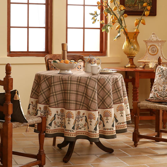 Vintage Brown Checkered Small Round Tablecloth,Italian Style Wrinkle Resistant Linen Tablecloths,Decor Table Cover for Kitchen,Dining,Thanksgiving,Christmas,Diameter 55"-Seville