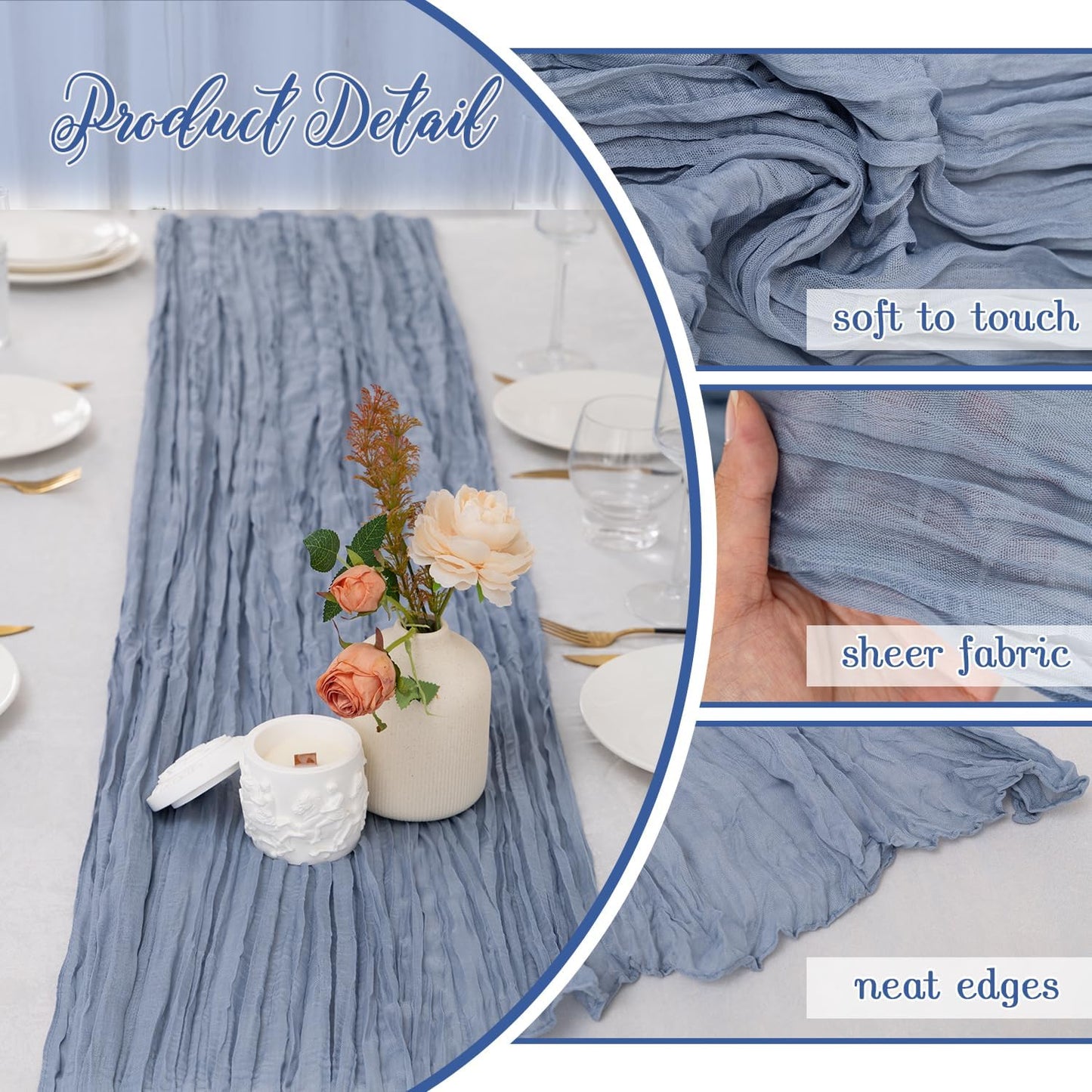 6 Pack Dusty Blue Cheesecloth Table Runner 35x120 Inch Boho Gauze Table Runner, Rustic Sheer Cheese Cloth Fabric Table Runners for Parties, Baby Shower, Birthday and Weddings