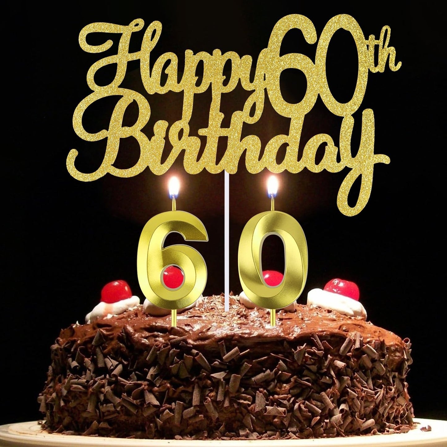 Happy 60th Birthday Cake Topper + 60 th Birthday Candles, 60 Cake Topper, Number 60 Candles, Happy 60th Birthday Cake Decorations, 60 Birthday Decorations for Men and Women (60)