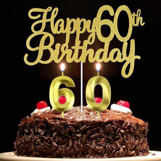 Happy 60th Birthday Cake Topper + 60 th Birthday Candles, 60 Cake Topper, Number 60 Candles, Happy 60th Birthday Cake Decorations, 60 Birthday Decorations for Men and Women (60)