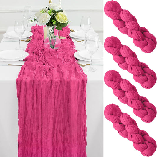 4Pack Hot Pink Cheesecloth Table Runner 10FT Gauze Cheese Cloth Table Runner 35x120Inch Long Boho Spring Easter Table Runners Rustic Sheer Table Runners for Wedding Baby Shower Bridal Shower Decor