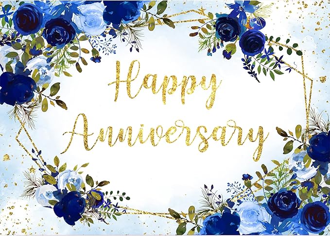 Homewelle Blue Rose Happy Anniversary Backdrop 7Wx5H Feet Polyester Fabric Floral Flower Navy Gold Cheers to Wedding Bridal Women Decoration Valentine's Day Photography Background Photo Shoot Props