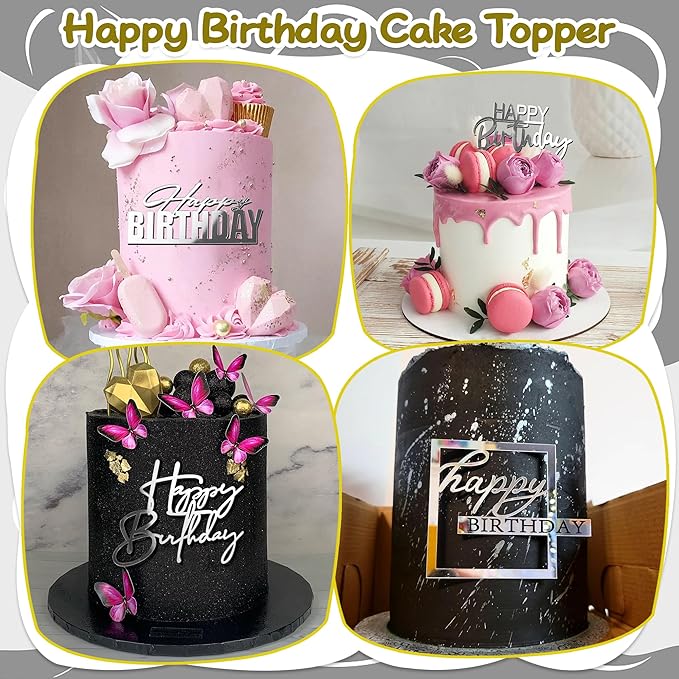 15 PCS Silver Happy Birthday Cake Toppers Mirror Acrylic Cake Topper Side Cake Decorations Silver Cake Inserts Cake Decorating Supplies Cupcake Toppers for Birthday Party Cake Desserts 15 Styles