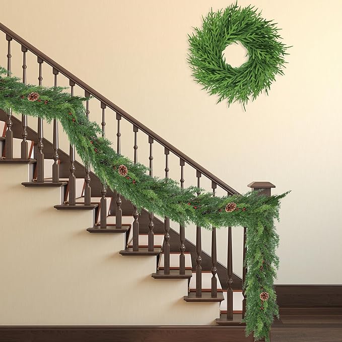 1 Pack 9FT Real Touch Christmas Garland with Pine Cone Artificial Realistic Faux Green Cedar Pine Garland,Thick and Lush, Lifelike Cedar Garland for Fireplace Indoor Outdoor Holiday Party Decoration