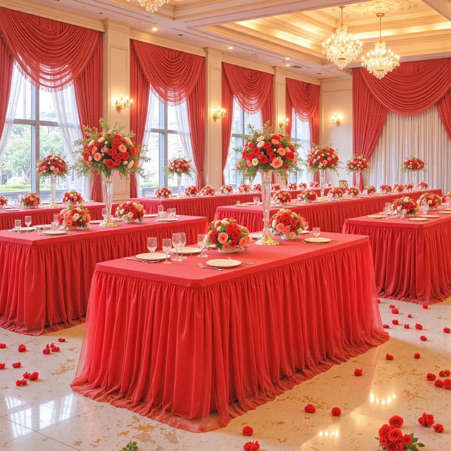 Suppromo Red Tulle Tablecloth for 4 Foot Rectangular Tables, 48 x 24 Inch White Rectangle Table Cloth, Wrinkle Free Table Cover with Tutu Skirt for Wedding Birthday Party Banquet Tablecover