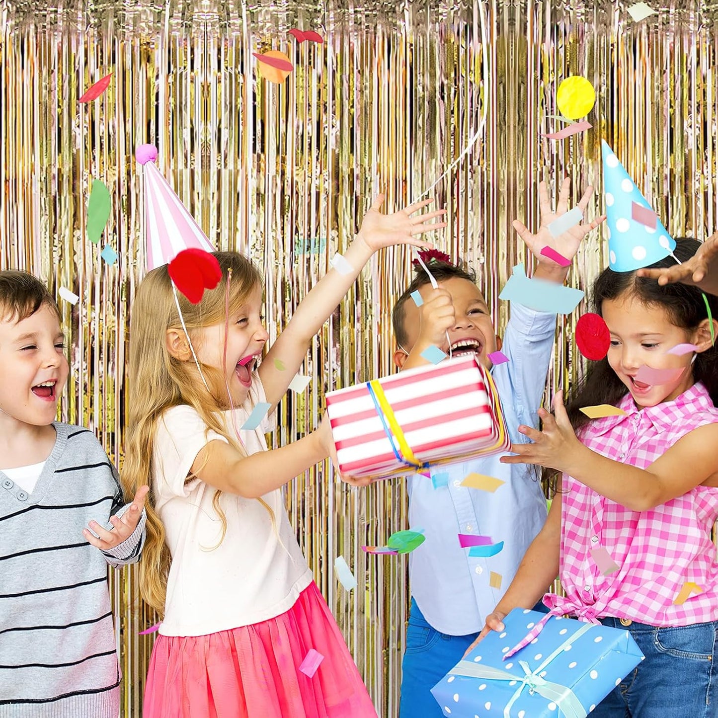 5 Pack Champagne Gold Foil Curtain Backdrop 3.2ft x 9.8ft Metallic Tinsel Foil Fringe Curtains Streamer Photo Booth Backdrop for Birthday Party Engagement Bachelorette Party Decorations