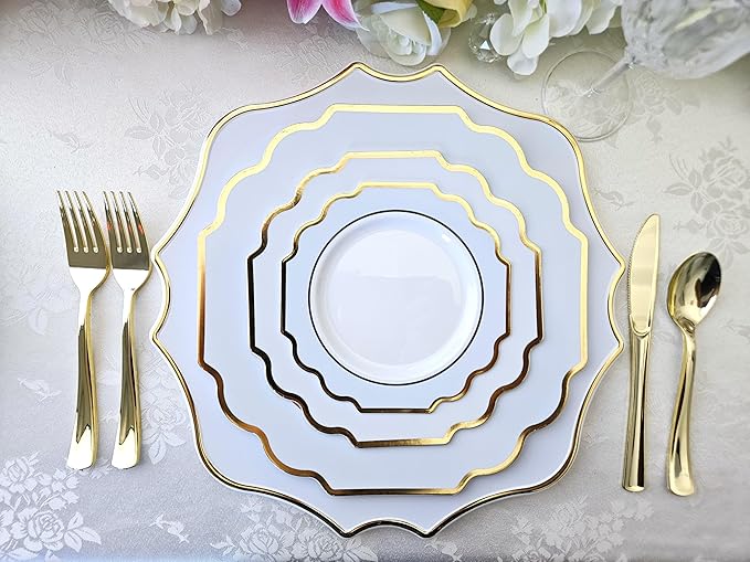 " OCCASIONS " 20 Pieces 13.25'' Scalloped Disposable/Reusable Plastic Charger Plates for Wedding, (Scalloped Imperial Blue & Gold)