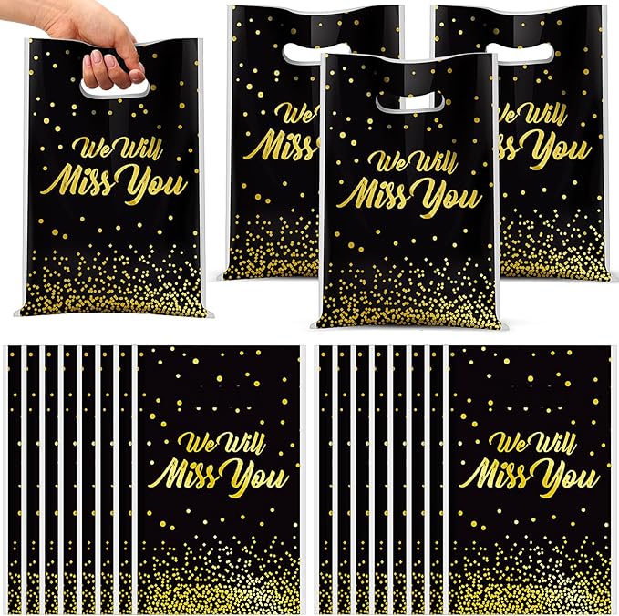 Supervitae 100 Pcs We Will Miss You Graduation Plastic Gift Bags Farewell Going Away Party Favor Bag Bulk with Handles for Birthday Graduation Farewell Snacks Goodie Candy Treat Leaving Party Supplies