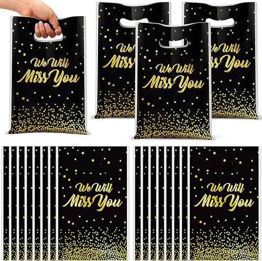 Supervitae 100 Pcs We Will Miss You Graduation Plastic Gift Bags Farewell Going Away Party Favor Bag Bulk with Handles for Birthday Graduation Farewell Snacks Goodie Candy Treat Leaving Party Supplies