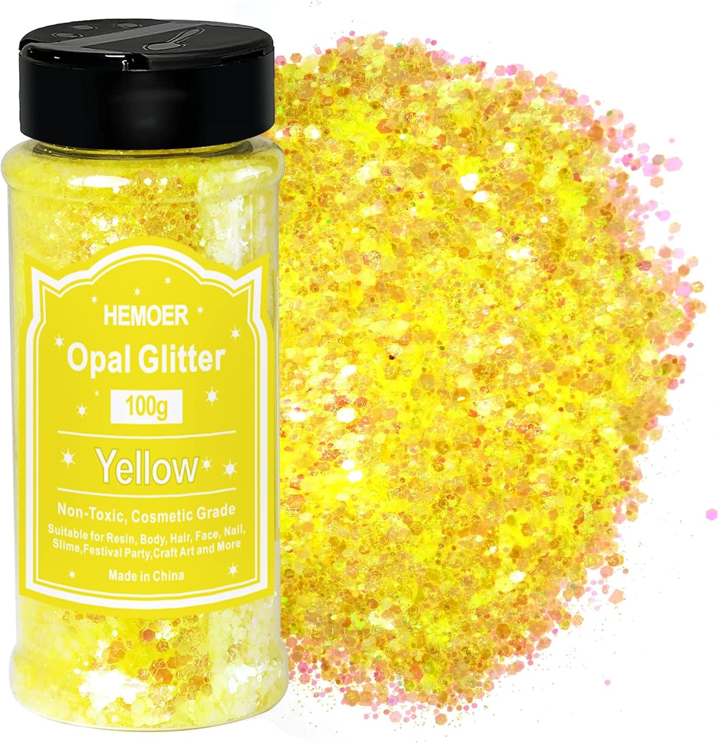 HEMOER Yellow Opal Glitter 100g/3.5oz, Cosmetic Mixed Hexagon Chunky & Fine Craft Glitter Resin Sequins for Epoxy Glass, Resin Art, Body, Hair, Face, Nail, Slime, Tumbler, Festival Party