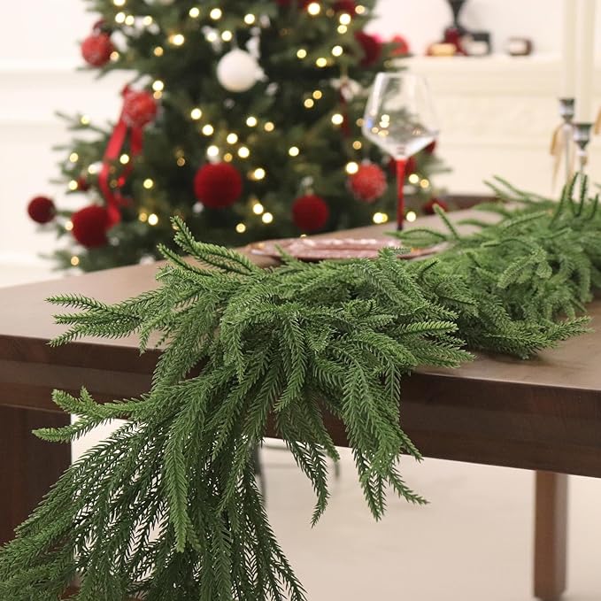 9FT 4PCS Christmas Garland Norfolk Pine Garland Real Touch Artificial Greenery Garland for Mantle Fireplace Table Indoor Outdoor Holiday Decortions (Dark Green)