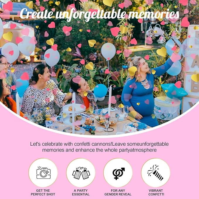 Gender Reveal Confetti Cannon,4 Pink Paper Connon Safty Party Poppers Shoots 20-25ft,12 inch Upgrade Firmware Baby Shower Gender Maternity Shoots Reveal Party Supplie