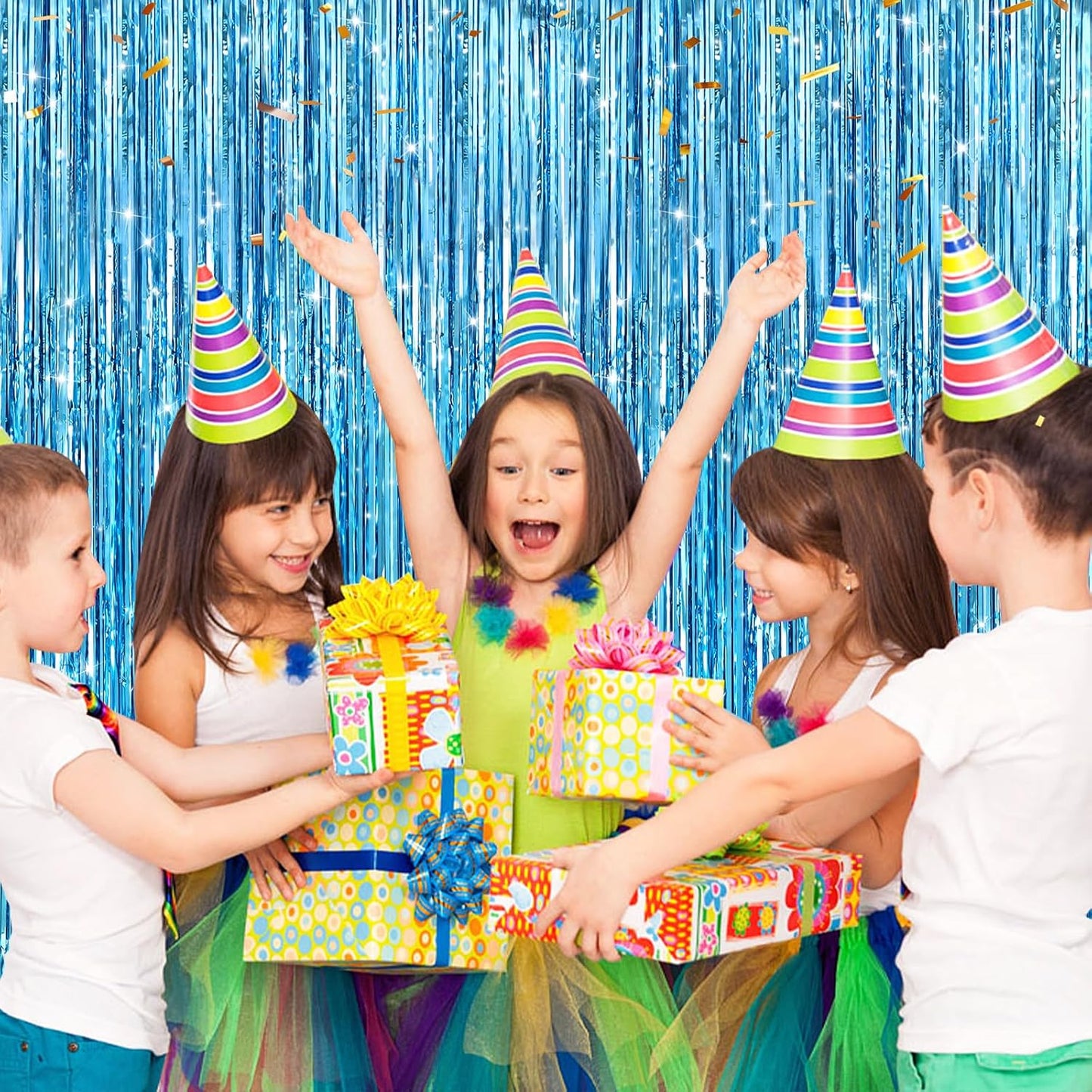 2 Pack Light Blue Metallic Tinsel Foil Fringe Curtains, Door Streamers Photo Booth Backdrop for Birthday Party, Tinsel Curtain Backdrop for Baby Shower Bachelorette Christmas Party Decorations